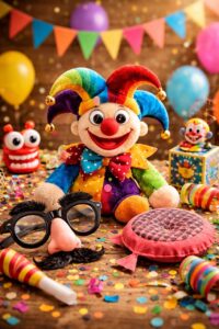 april fools, prank, humor, funny, clown, jester, toy, colorful, celebration, party, balloon, confetti, laughter, glasses, fake mustache, entertainment, joke toy, party blower, streamers, game